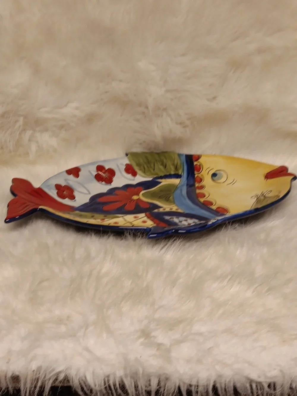 Hand-Painted Fish Ceramic Platter in Yellow, Blue & Red